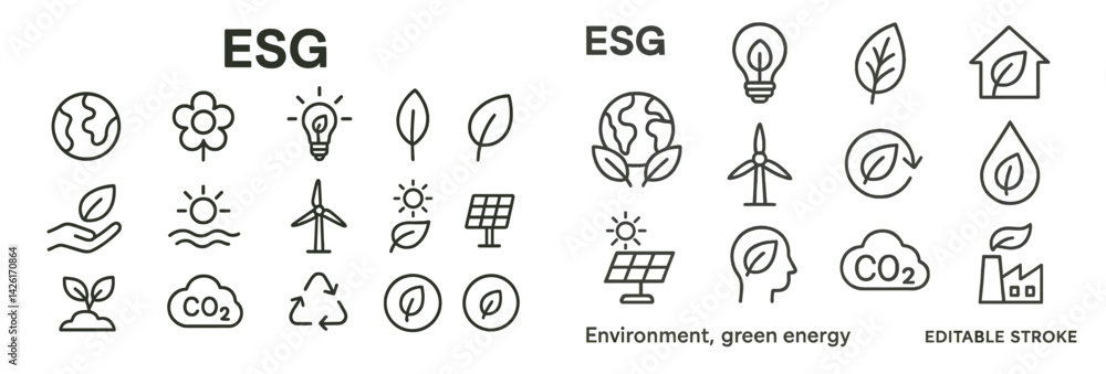 Poster line style web icons representing environmental, social, and governance concepts suitable for digita