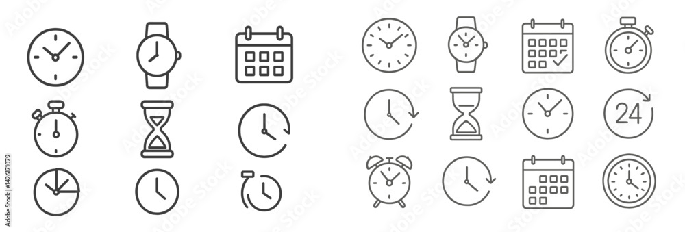 Poster Collection of simple line icons representing various time-related concepts and tools for web design