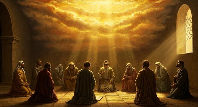 Pentecost: Jesus's disciples gathered together praying on the floor of an upper room