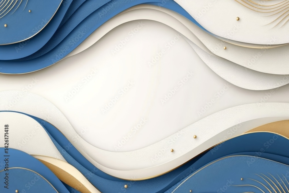 Poster Modern abstract design with flowing waves in blue, white, and gold tones showcasing dynamic shapes and textures