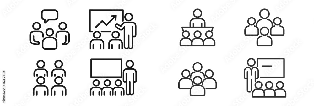 Poster Collection of web icons illustrating group discussions, presentations, and meetings in a simple line style design