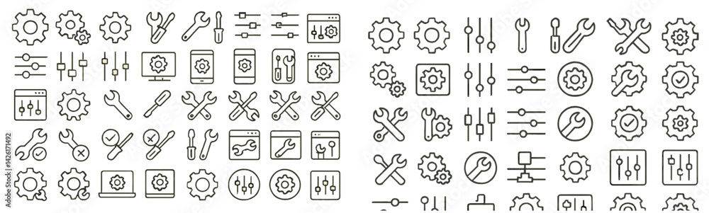 Poster Collection of line style web icons depicting tools and settings for digital interface design and development