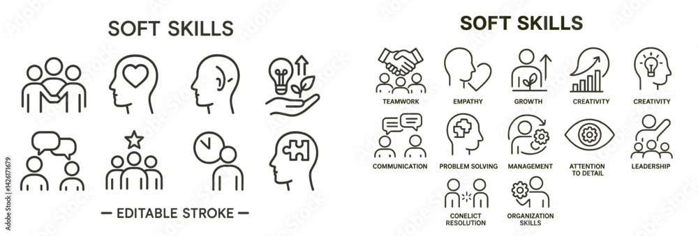 Aufkleber collection of line style web icons illustrating essential soft skills for personal and professional 