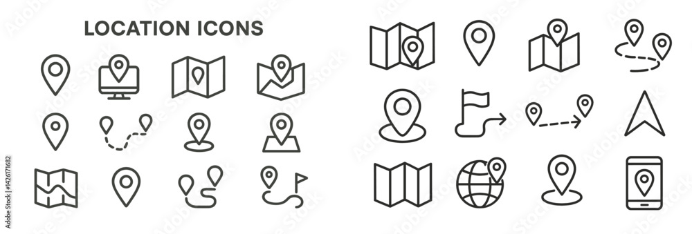 Leinwandbilder Collection of web icons in line style representing various location symbols and navigation tools for digital use