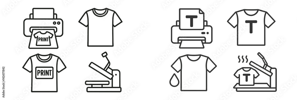 Poster Collection of web icons illustrating t-shirt printing process in line art style with essential equipment and methods