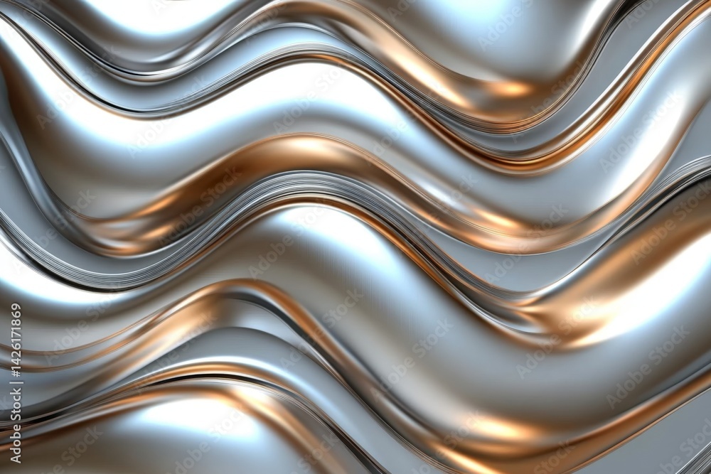 Aufkleber Fluid metallic waves create a mesmerizing abstract pattern in silver and gold