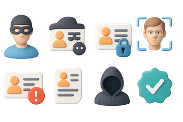 Security and identification icon set – 3d style personal safety and verification symbols for anonymity, facial recognition, and identity protection