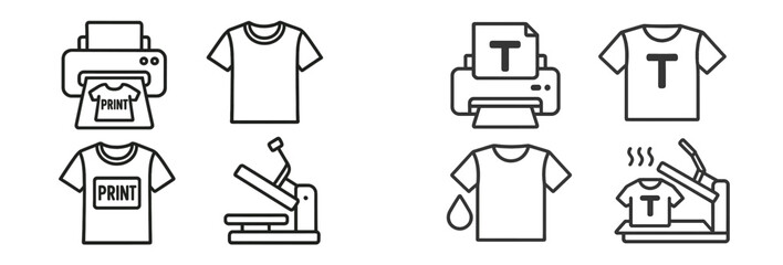 Collection of web icons illustrating t-shirt printing process in line art style with essential equipment and methods