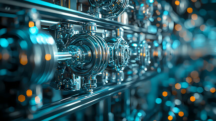 A close-up of a metallic, industrial structure with shiny components and soft blue lighting, creating a futuristic and dynamic atmosphere.