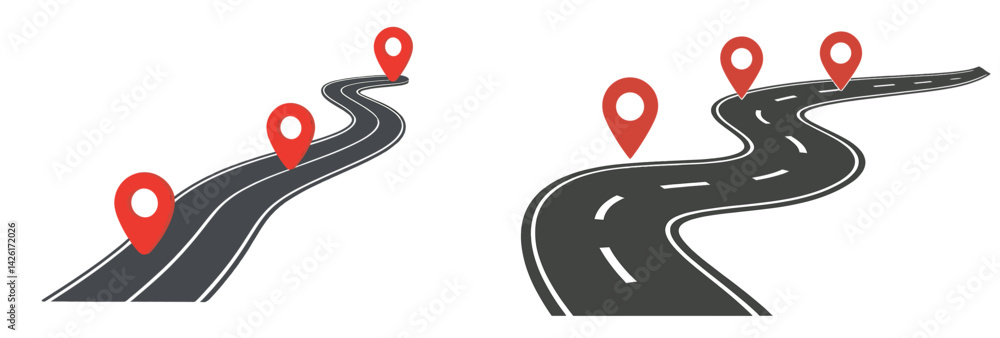 Poster collection of web icons depicting location markers along winding roads for digital applications
