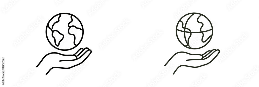 Poster Set of line style web icons depicting globe held by hands for environmental themes and digital design applications