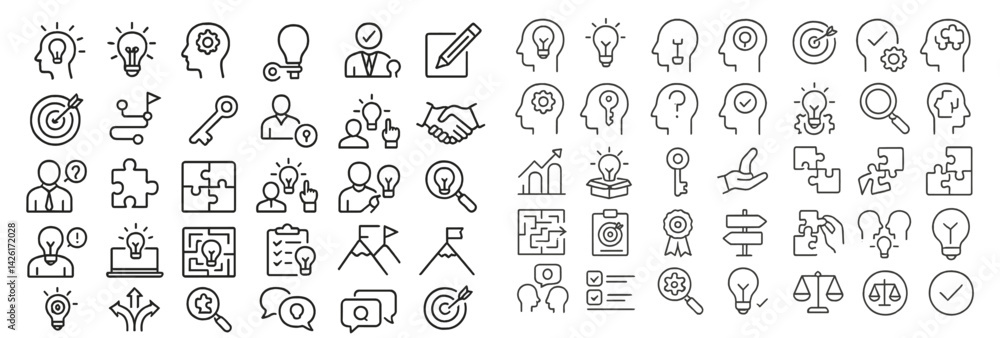 Poster Collection of line style web icons depicting innovative ideas, problem-solving, and teamwork concepts in a modern design