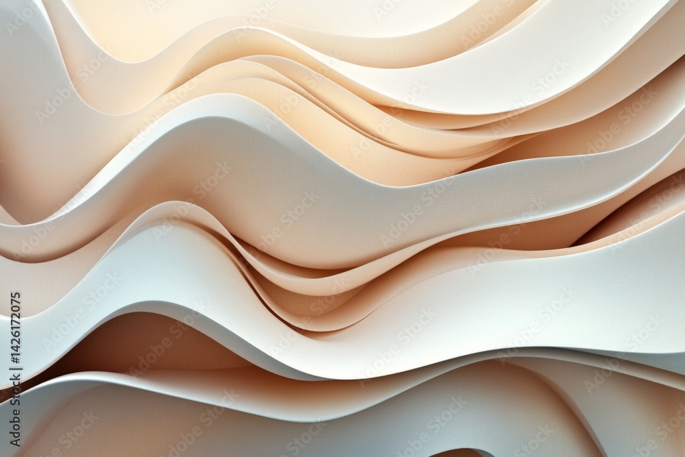 Poster Curved layers of soft neutral tones creating an abstract wave pattern on a textured surface