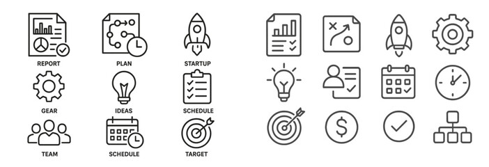 Set of web icons in line style depicting various business activities, planning tools, and startup essentials for modern digital projects