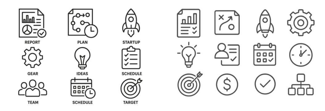 Set of web icons in line style depicting various business activities, planning tools, and startup essentials for modern digital projects