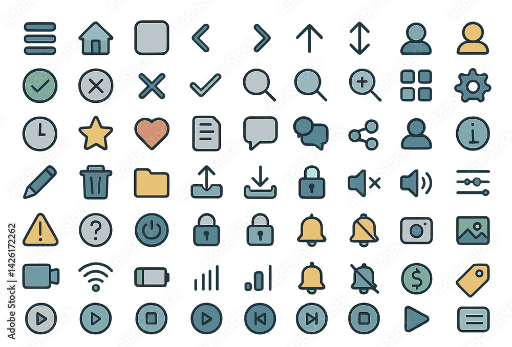 Poster Collection of line style web icons featuring various functions and utilities for digital interfaces