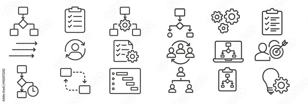 Poster Set of line style web icons illustrating various functions in digital workflow and task management