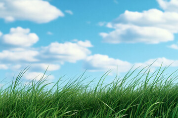 Fototapeta premium Tranquil scene with green grass swaying gently under a bright blue sky dotted with fluffy white clouds.