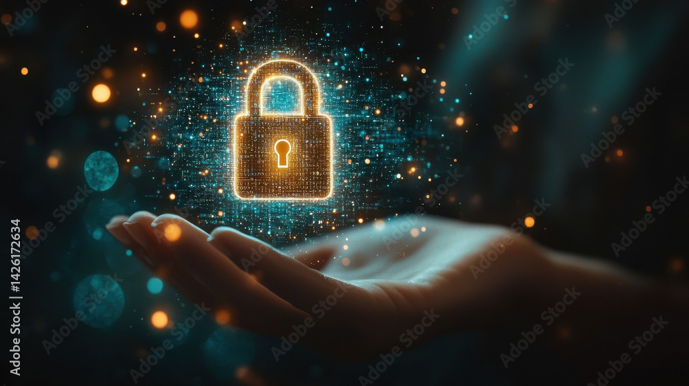 Poster floating digital lock above a hand symbolizes data privacy and security in a futuristic world