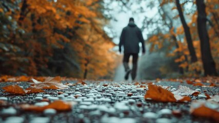 Close-up video of a man's feet walking through a fall park with fallen leaves. Suitable for personal blogs, health videos, relaxation, fall moods.
