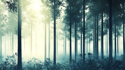 Naklejka premium Misty Pine Forest Sunrise.