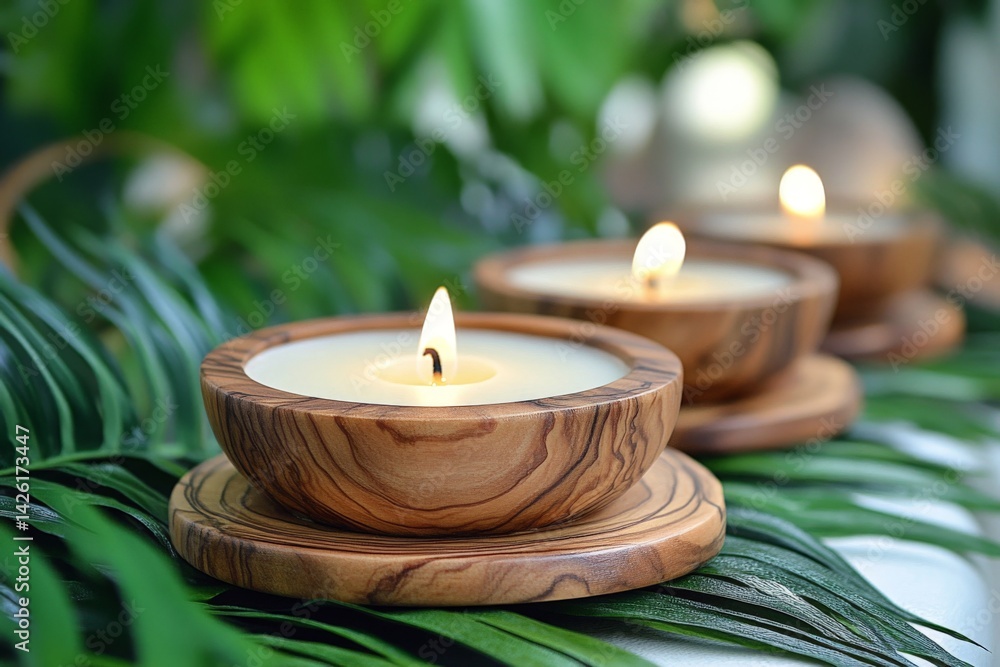 Aufkleber calmness and serenity captured in decorative candles placed on lush green leaves in a tranquil setti