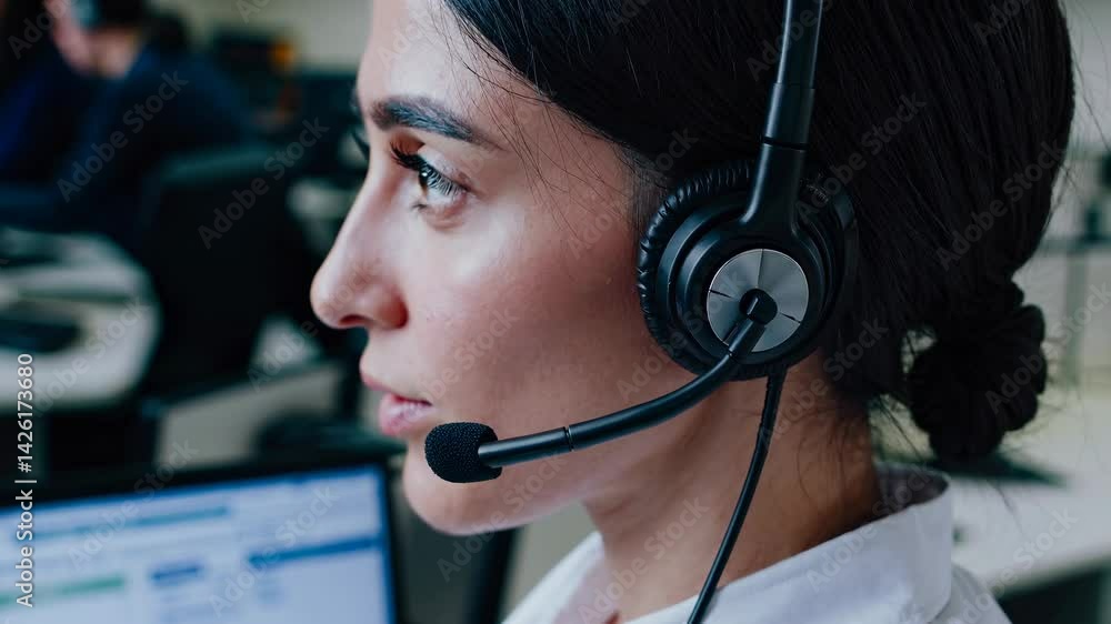 Poster close-up side view of a woman with a headset in a call center. the video captures a professional wor