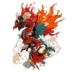 Colorful phoenix with fiery wings rising amidst clouds, symbolizing rebirth and strength