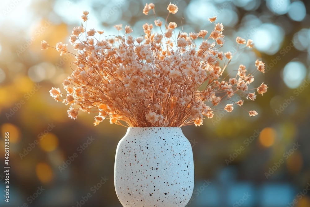 Poster dry flowers arranged in a speckled vase illuminated by soft sunlight in an outdoor setting during la