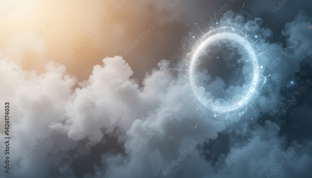 Poster exploring ethereal cloud formations and digital effects atmospheric environment visual art inviting 