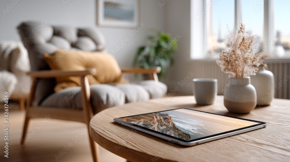 Poster a tablet sits on a wooden table, displaying an ai-generated design concept. sunlight pours into a st