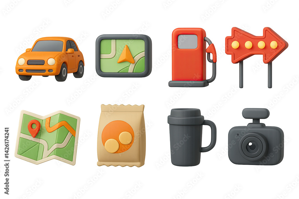Poster navigation and travel icon set – 3d style journey and map symbols for direction and guide: car, gps,