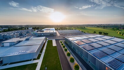 aerial view of a modern data center facility with solar panels on the roof and an adjacent energy storage system located within a sprawling industrial park showcasing a cutting edge open space design