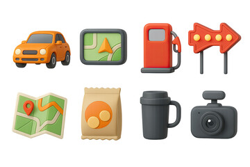 Navigation and travel icon set – 3d style journey and map symbols for direction and guide: car, gps, map, fuel pump, arrow sign, coffee cup, dashboard camera