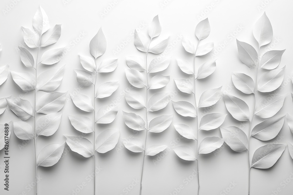 Poster White paper leaves arranged in an artistic layout on a simple background evoke a serene and minimalist style