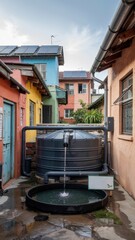 Urban rainwater harvesting system in colorful residential alleyway of a vibrant neighborhood
