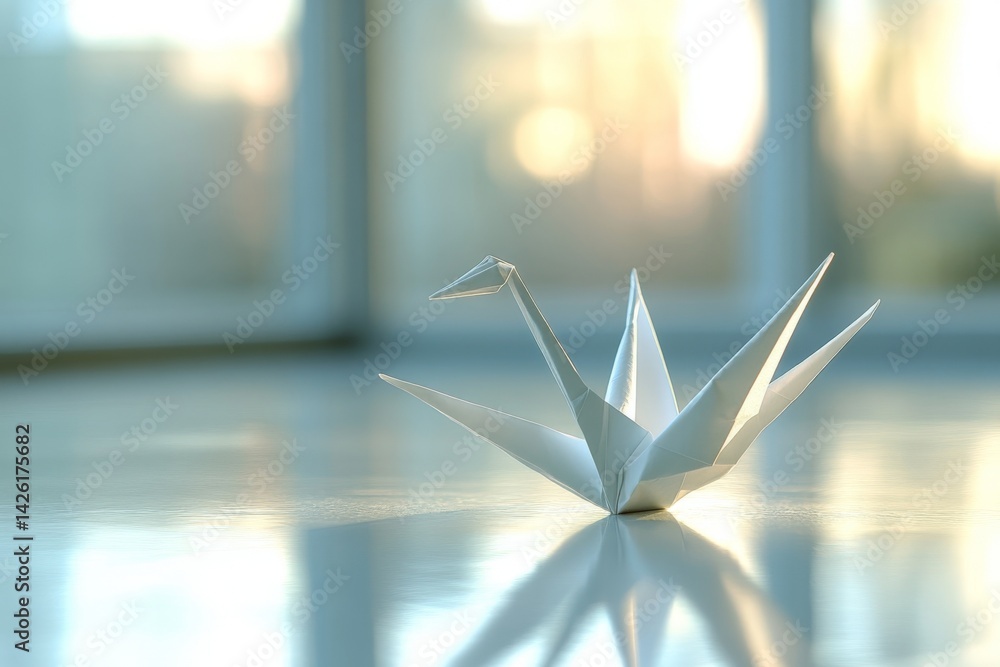 Poster Elegant origami crane displayed on a smooth surface in a softly lit indoor space