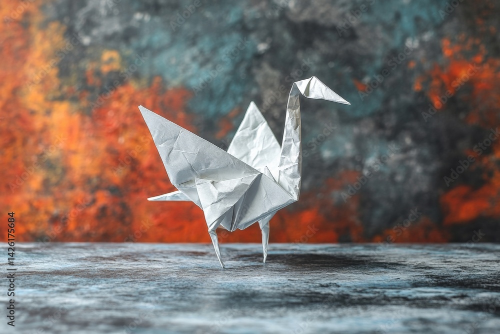 Poster artistic representation of a white origami crane on a textured background