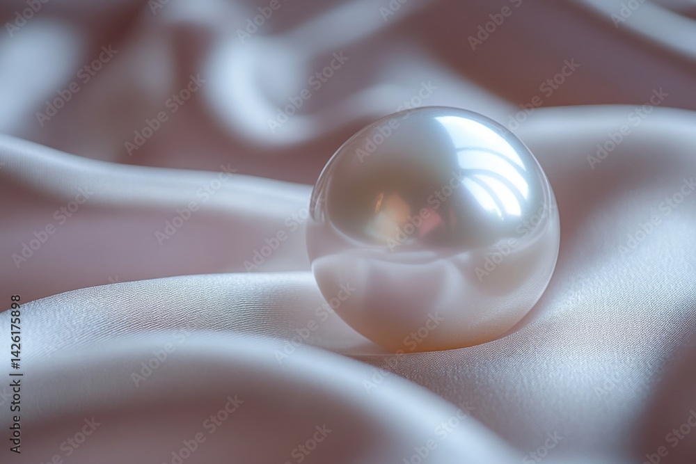 Poster Elegant pearl resting on soft satin fabric in a tranquil setting with gentle lighting