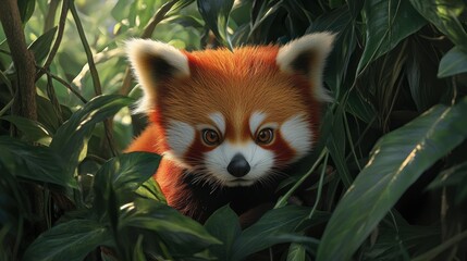 Obraz premium Red panda cub hiding in lush foliage, sunlight dappled background, wildlife conservation