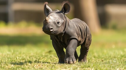 Fototapeta premium Baby rhino walking, sunny zoo enclosure