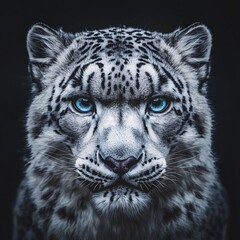 Hyperrealistic Snow Leopard Head with Icy Blue Eyes and Dramatic Lighting