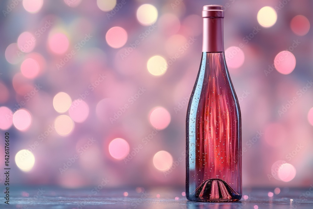 Poster Elegant rose wine bottle stands alone on a surface with shimmering bokeh backdrop in soft pastel hues during evening time