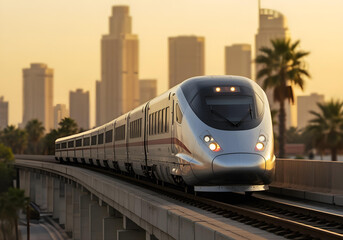 modern high speed passenger train traveling on elevated railway track with downtown los angeles skyline at golden sunset
