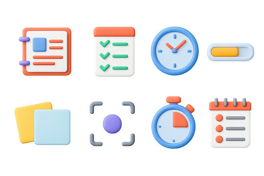 Productivity and task management icon set – 3d style planner and organization symbols for efficiency and scheduling: calendar, checklist, clock, timer, notes, progress bar, focus