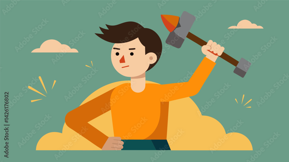 Poster a person holding a hammer and chisel with a determined expression on their face symbolizing their re