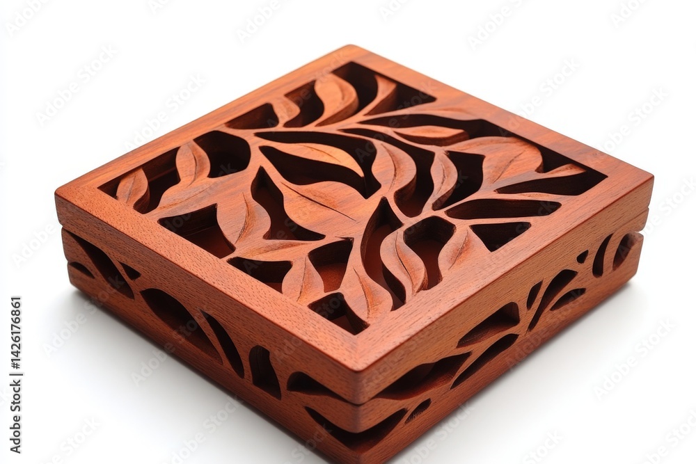 Poster intricate wooden box with leaf carvings displayed on a white background showcasing craftsmanship and