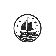 Nautical ship emblem on water, night sky background, logo design, vector graphics