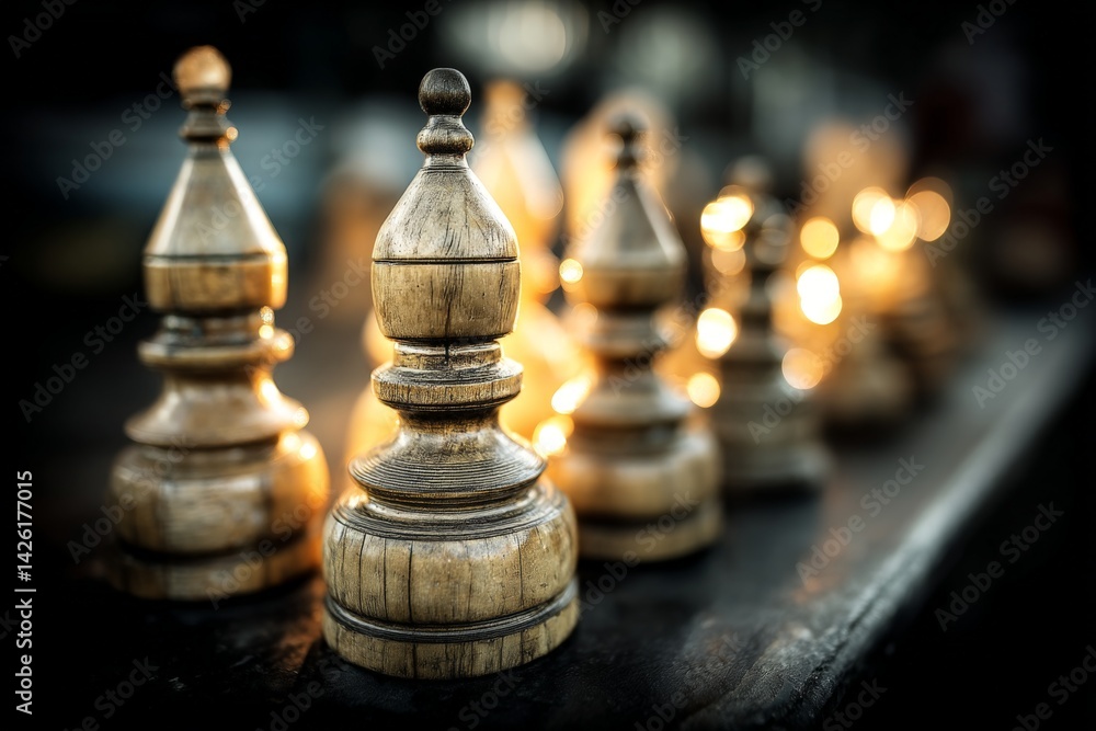 Poster wooden chess pieces arranged on a table illuminated by soft lights during an evening gathering