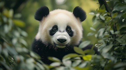 Naklejka premium A curious giant panda peeks through lush green foliage, showcasing its distinctive black and white fur.
